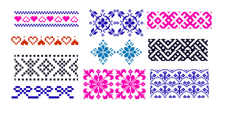 Seamless design set, Needlepoint vector design set,Hand drawn design collection set,Cross-stitch,Embroidery border collection,knit background design, pixel texture design set, knitting poster bg.