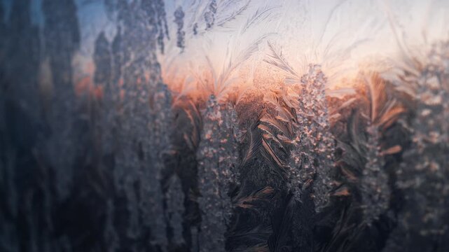 Beautiful ice crystals and frost patterns melting on a window glass, revealing the warm light of a winter sunrise. Intricate snowflakes forming a beautiful texture against the morning sky