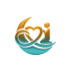 Shiny Gold Heart with Figure on Teal Wave over Transparent Backdrop