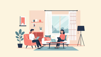 Fototapeta premium Two people work on laptops in a cozy living room with plants and a window view