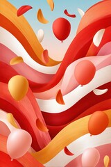 Obraz premium Vibrant carnival balloons drift above flowing ribbons in a colorful celebration backdrop