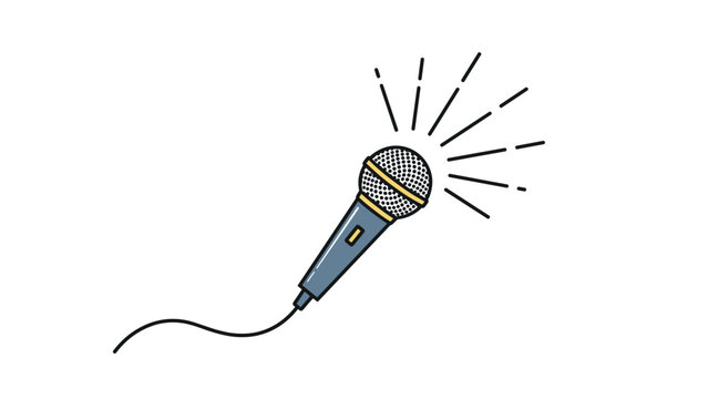 Classic handheld microphone icon with sound lines emanating from it and a long black cord trailing off to the side on a white background.