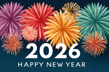 Obraz premium Bright fireworks frame bold 2026 with a Happy New Year greeting in colorful celebration