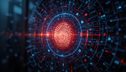 Obraz premium Digital security system utilizes glowing biometric identification centered on a swirling technological interface
