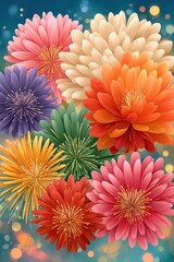 Fototapeta premium Colorful floral bursts fill the frame with vibrant petals and twinkling background lights