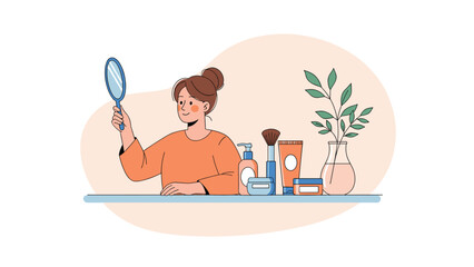 Obraz premium Young woman looking at herself in a hand mirror at her dressing table surrounded by various makeup and skincare products.