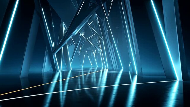 Blue neon light tubes in a geometric structure create a futuristic tunnel effect