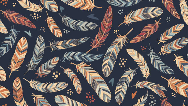Bohemian style seamless pattern of colorful patterned feathers and small abstract shapes on a dark navy blue background.