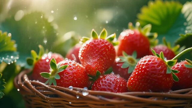 Fresh strawberries with water drops on a wicker basket in a garden