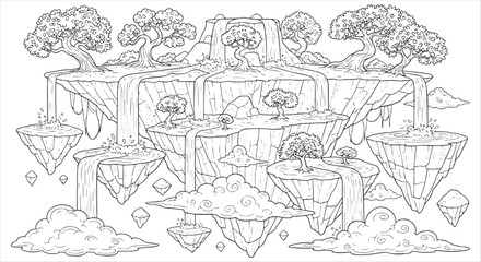 Obraz premium Floating Islands Fantasy Landscape Coloring Page with Waterfalls and Trees