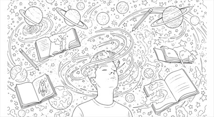 Surreal Space Exploration Coloring Page with Boy Dreaming of Planets and Books © marjan