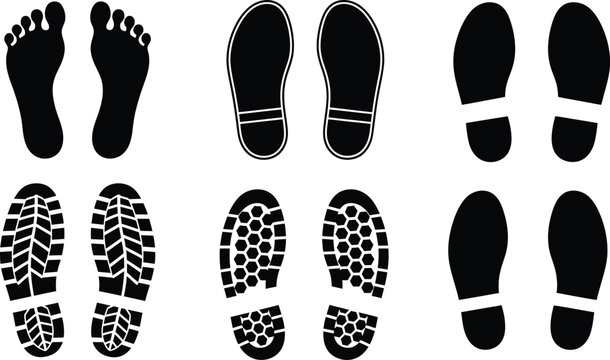 Collection of various black footprints and shoe soles on white background for design and tracking purposes