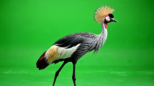 A striking grey crowned crane poses against a vibrant green backdrop