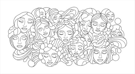Abstract Expressionist Coloring Page Featuring a Collage of Diverse Female Faces
