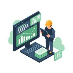 A person in a hard hat analyzing business data and financial reports on a computer monitor with charts and graphs, representing industry and finance management.