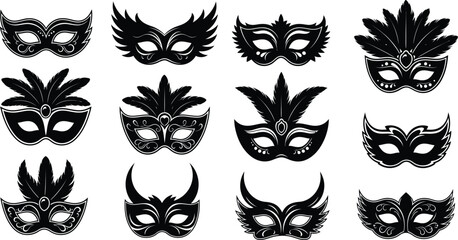 Fototapeta na wymiar Collection of ornate black masquerade masks on white background for carnival or party use