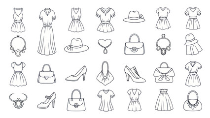 Fashion Accessories and Clothing Icons: Dresses, Shoes, Hats, and Bags Line Art