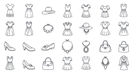 Fashion Collection: Dresses, Hats, Shoes, Bags, Jewelry - Outline Icons