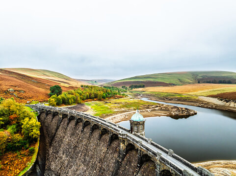 Autumn over Craig Goch Dam from a drone, Elan Valley Reservoirs, Elan Valley, Rhayader, Powys, Wales, UK