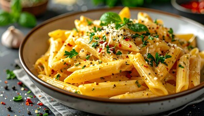 Delicious Penne Pasta Dish with Creamy Sauce and Fresh Herbs.