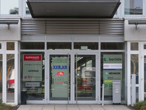 Germany, Paderborn, February 01. 2026, Advertisements for various companies, including Hexagon, Bechtle, PBS, Verlinked, Gottwald, etc., at the Paderborn location Am Hoppenhof.