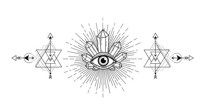 A mystical design set featuring the all-seeing eye surrounded by crystals, with sacred geometry symbols on each side.