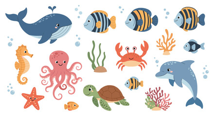 Charming collection of cute cartoon sea creatures, including a smiling whale, dolphin, octopus, turtle, and various fish, perfect for children's illustrations.