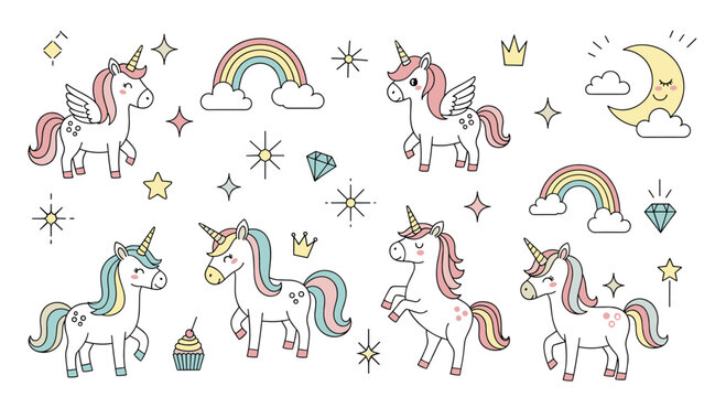 Magical collection of cute doodle unicorns, rainbows, stars, a smiling moon, and other fantasy elements like crowns and cupcakes for children's party decor.