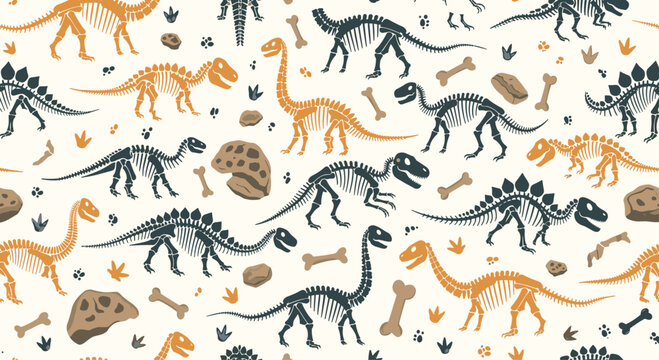 Playful seamless pattern for kids featuring black and orange dinosaur skeletons, fossils, bones, and footprints scattered on a light cream-colored background.