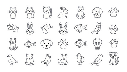 Fototapeta premium Cute Hand Drawn Animal Icons: Cats, Dogs, Rabbits, Birds, Fish, Paw Prints