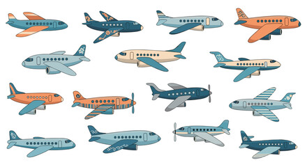 A large and diverse collection of various airplanes and passenger jets in a colorful, flat cartoon style, shown from a side profile view.