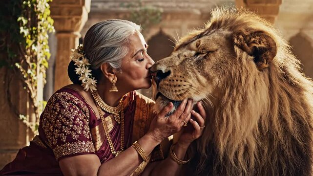A woman in traditional Indian attire shares a tender moment with a majestic lion in an ancient, ornate setting, showcasing an unlikely bond of affection and respect