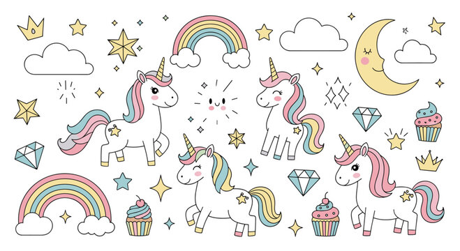 An adorable collection of cute cartoon unicorns, rainbows, cupcakes, and celestial elements like the moon and stars, perfect for children's party decorations.