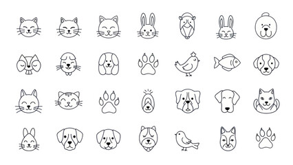 Fototapeta premium Cute Pet Icons: Cat, Dog, Rabbit, Bird, Fish, Paw Prints - Line Art Collection
