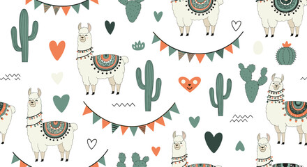 Fototapeta premium A charming seamless pattern with cute cartoon llamas, cacti, garlands, and hearts in a playful, decorative arrangement.