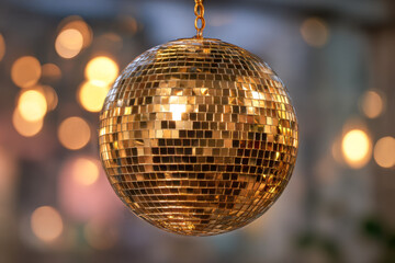 Obraz premium Shiny golden disco ball hanging with warm glowing lights reflecting off its mirrored surface creating a festive and elegant party atmosphere indoors