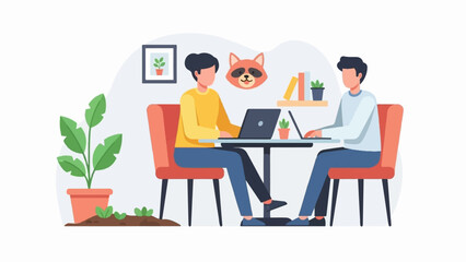Fototapeta premium Two people working on laptops at a cafe table with plants and decor