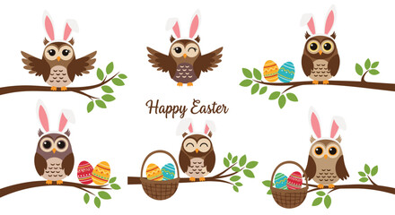 Fototapeta premium A cute collection of cartoon owls wearing Easter bunny ears, sitting on branches with colorful decorated eggs and baskets.