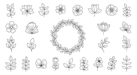 A delicate collection of hand-drawn flowers, leaves, and a botanical wreath illustrated with a fine dotted line style.