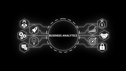 concept with glowing technology icons on a dark background. Futuristic digital network showing business growth, startup ideas, strategy, security, target achievement,