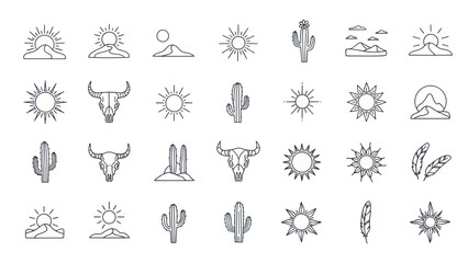 Desert Icon Set: Sun, Cactus, Skull, Mountain, Feathers - Minimalist Line Art Collection © Varas