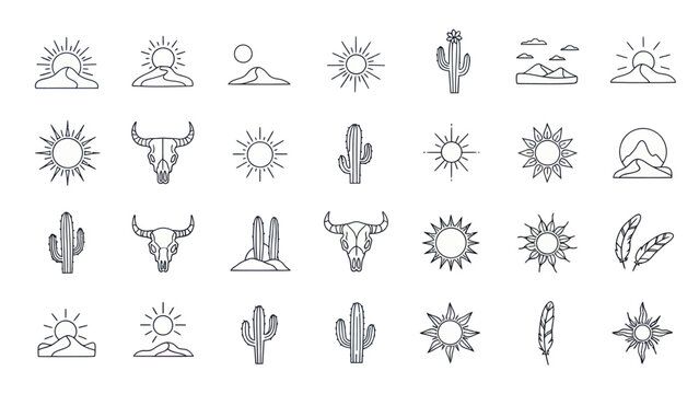 Desert Icon Set: Sun, Cactus, Skull, Mountain, Feathers - Minimalist Line Art Collection