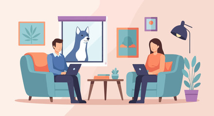 Two people working on laptops in a cozy living room with a dog