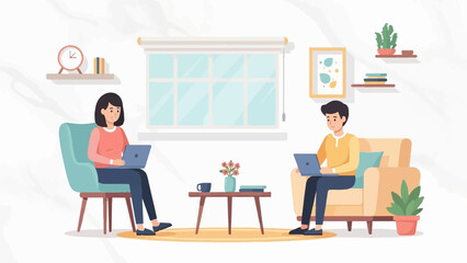 Two people working on laptops in a cozy living room with plants and art (1)