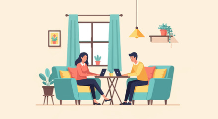 Fototapeta premium Two people working on laptops in a cozy room with plants and window
