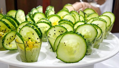 Fresh Cucumber Slices Appetizer with Sesame Seeds.