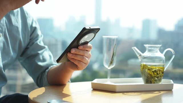 Man holding smartphone while sipping tea by the window with cityscape view