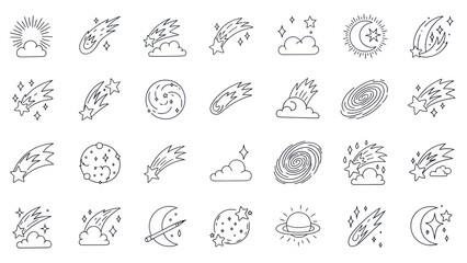 Cosmic Icons Set: Meteor Showers, Galaxies, Planets, Moon, Sun, Clouds, Stars