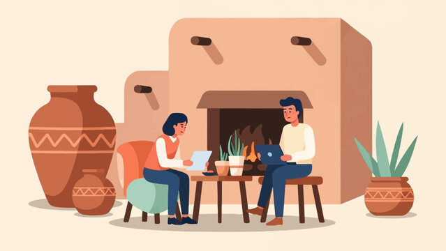 Two people work remotely near a kiva fireplace with adobe decor
