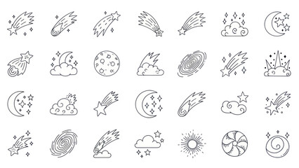 Cosmic Icons: Stars, Meteors, Moon, Clouds, Galaxy, Sun - Line Art Set © Saputra
